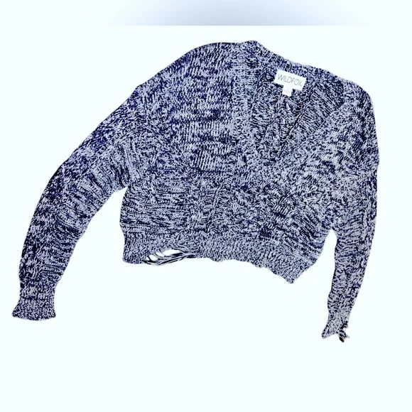 Wildfox Distressed Sweater Women S Blue White Knit V-neck Cropped - Picture 4 of 8